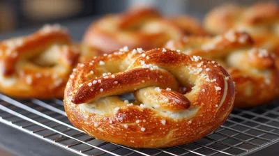 Freshly Baked Soft Pretzels On A Cooling Rack