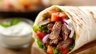 Grilled Steak Wrap With Fresh Vegetables And Sauce
