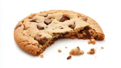 Single Chocolate Chip Cookie With Crumbs On White Background