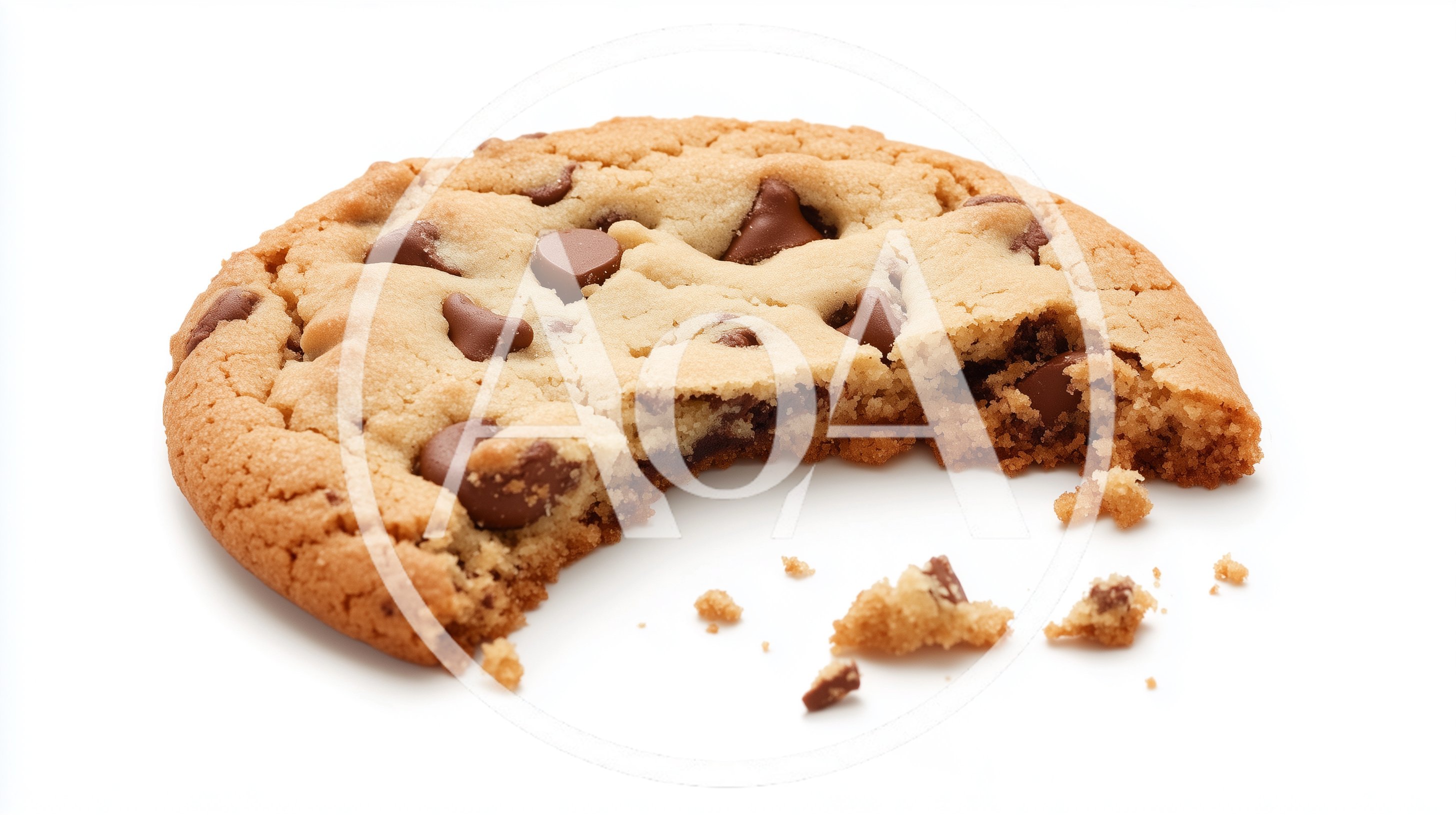 Single Chocolate Chip Cookie With Crumbs On White Background