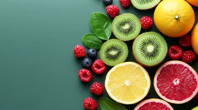 Assorted Fresh Fruits and Berries on Green Background