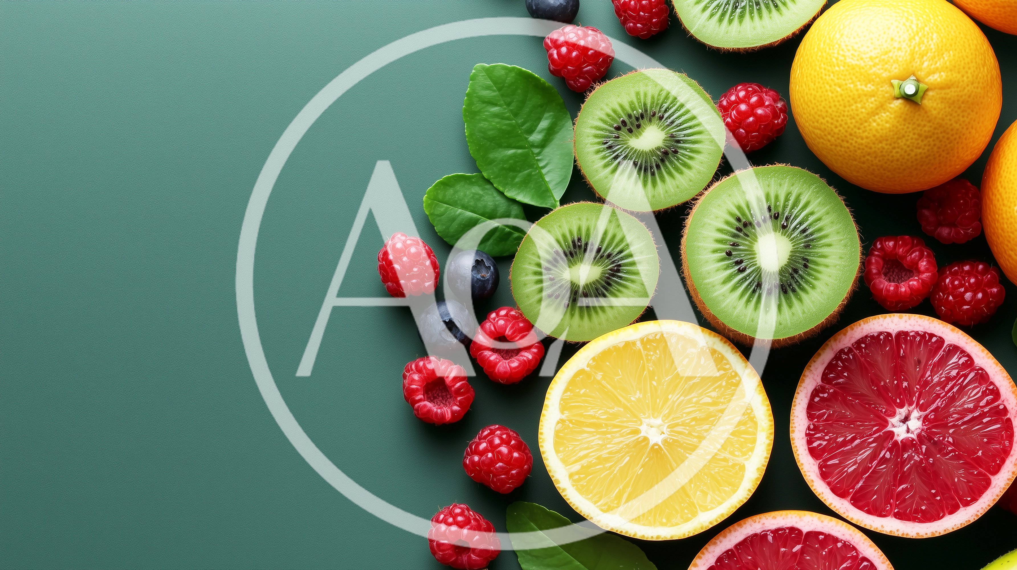 Assorted Fresh Fruits and Berries on Green Background