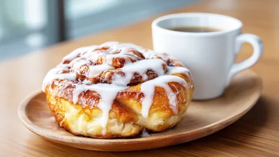Fresh Cinnamon Roll With Icing And Coffee