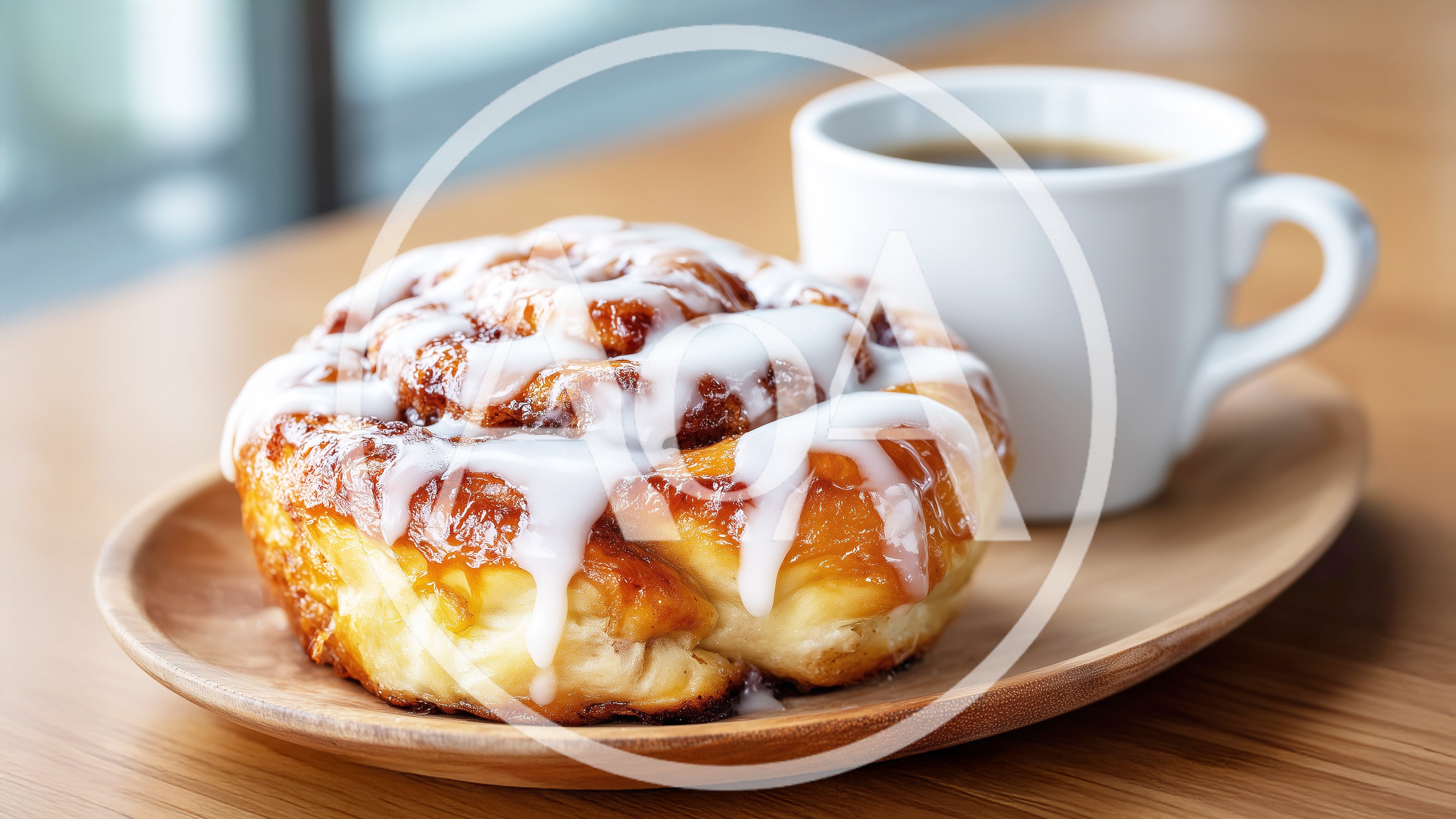 Fresh Cinnamon Roll With Icing And Coffee