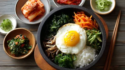 Traditional Korean Bibimbap Served In A Stone Bowl