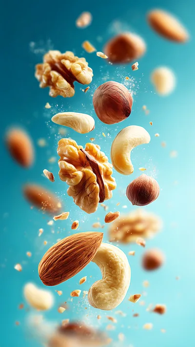 Assorted Nuts Floating Against A Blue Background