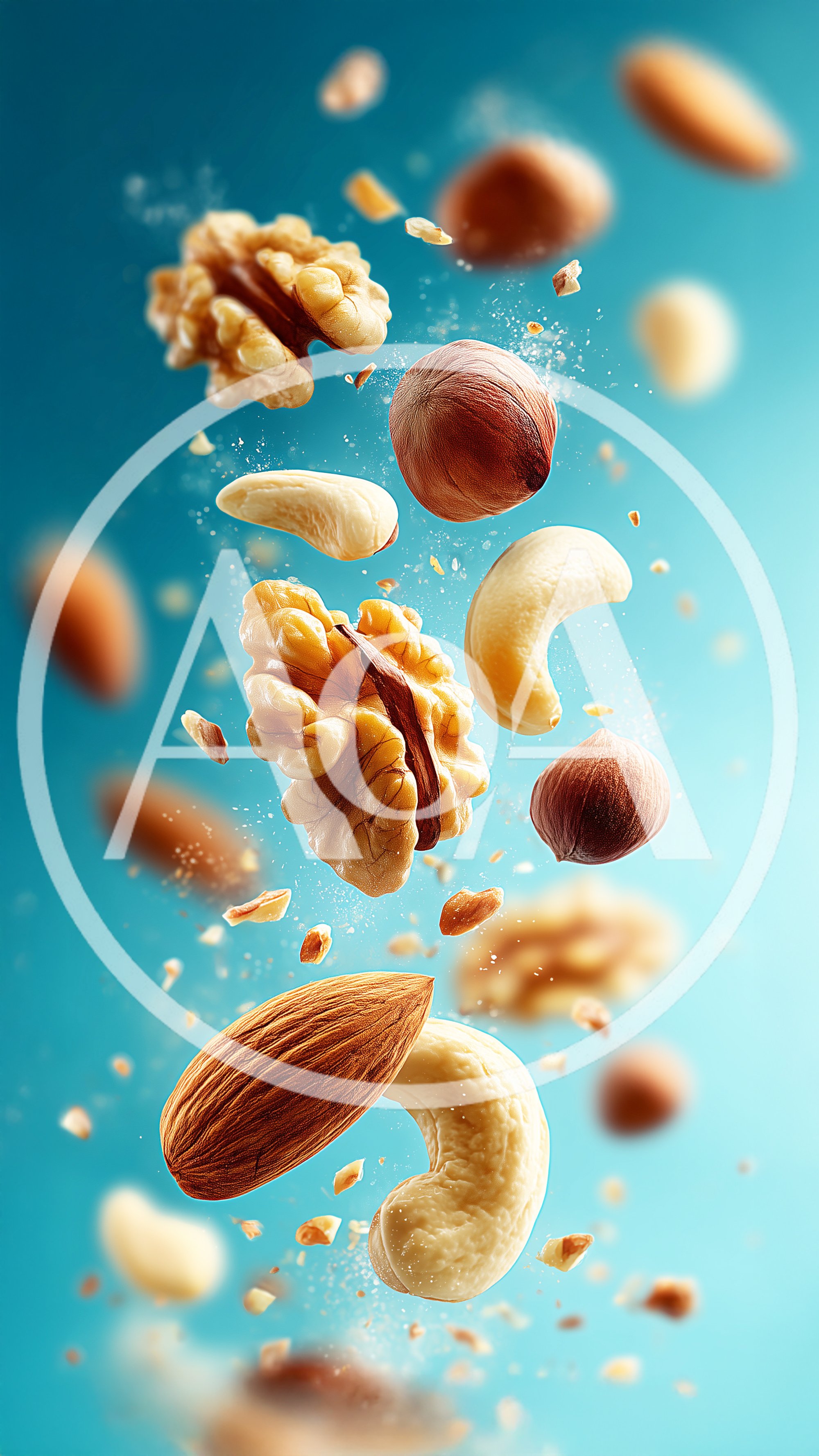 Assorted Nuts Floating Against A Blue Background