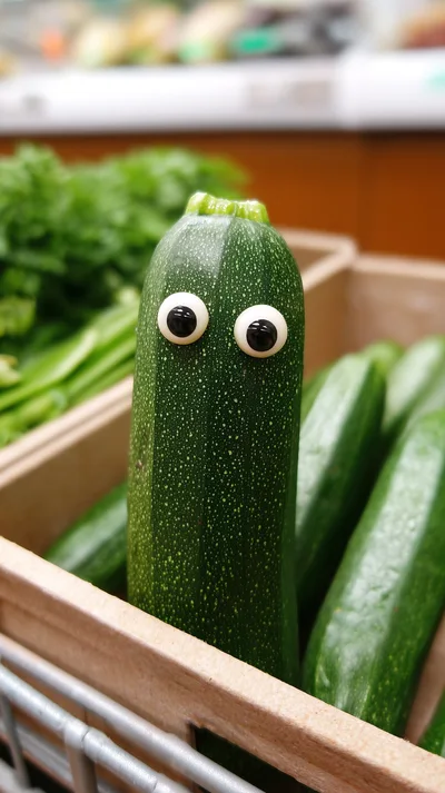 Zucchini With Googly Eyes In A Grocery Store