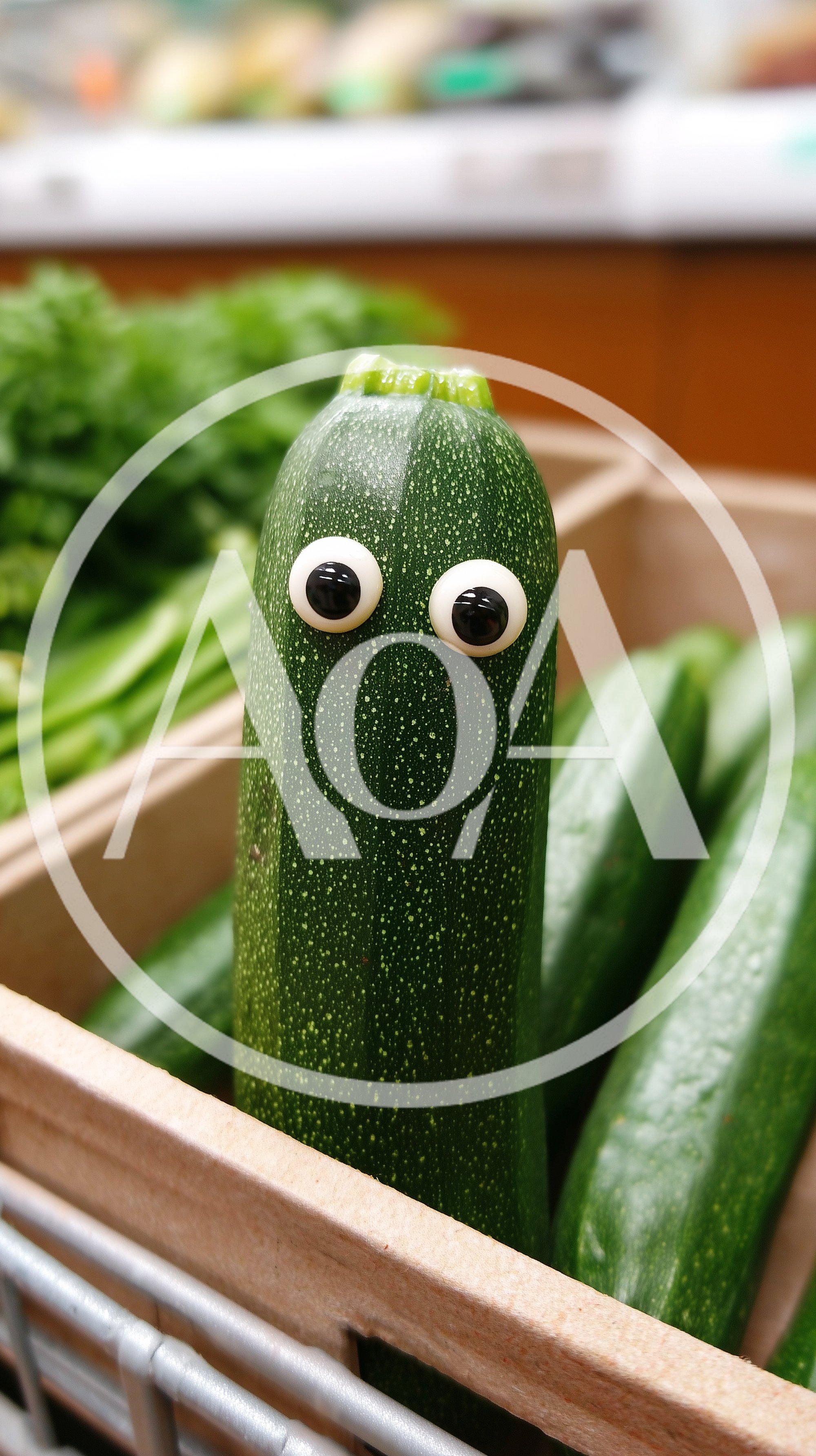 Zucchini With Googly Eyes In A Grocery Store