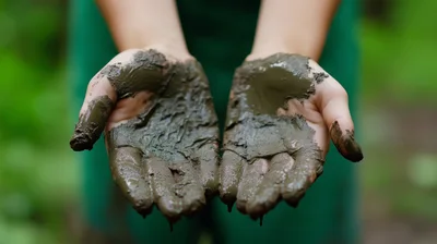 Person Holding Wet Mud In Cupped Hands