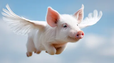 Cute Piglet With Angel Wings Flying In The Sky