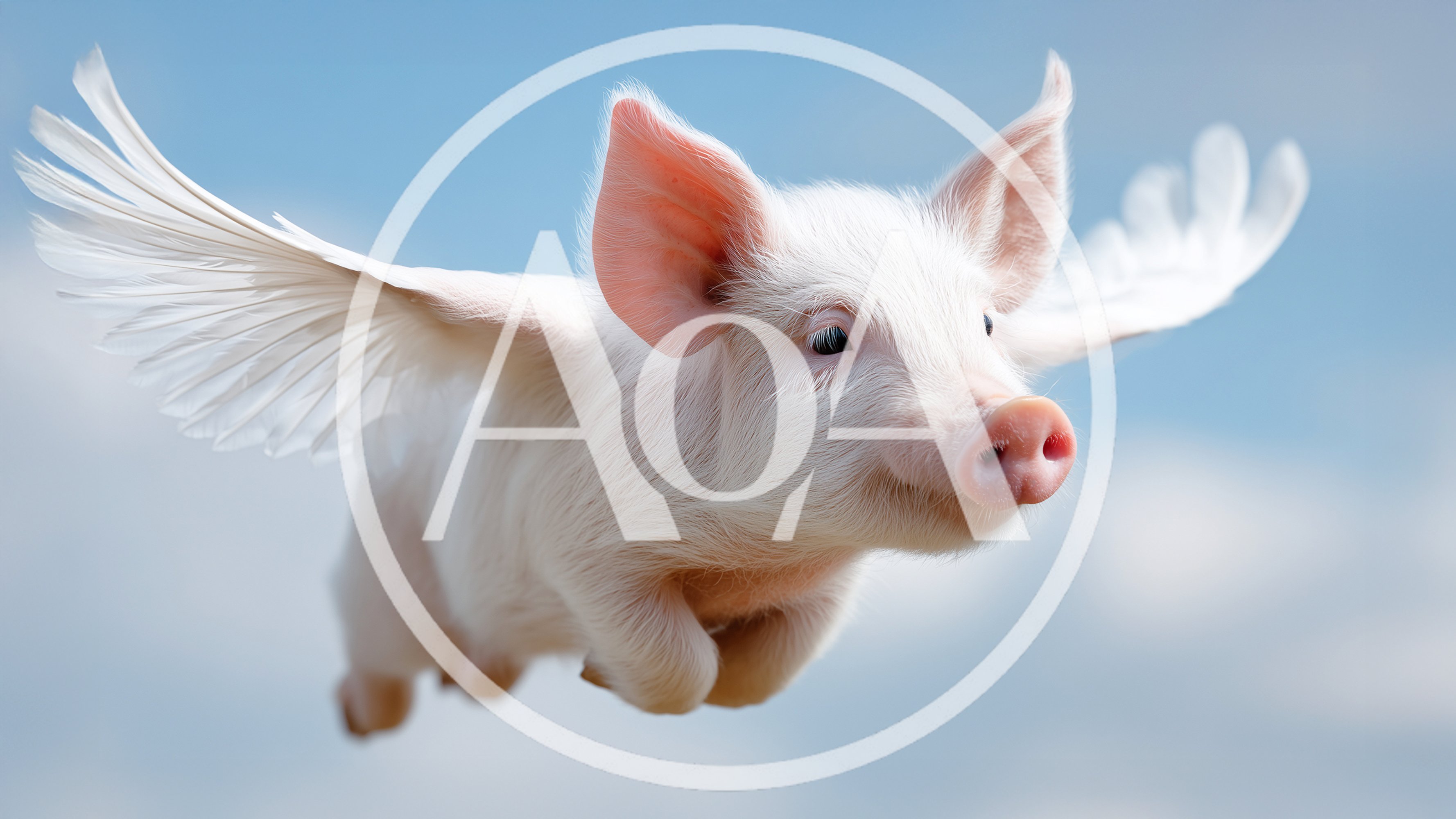 Cute Piglet With Angel Wings Flying In The Sky