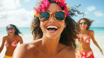 Three Happy Women Having Fun On A Tropical Beach