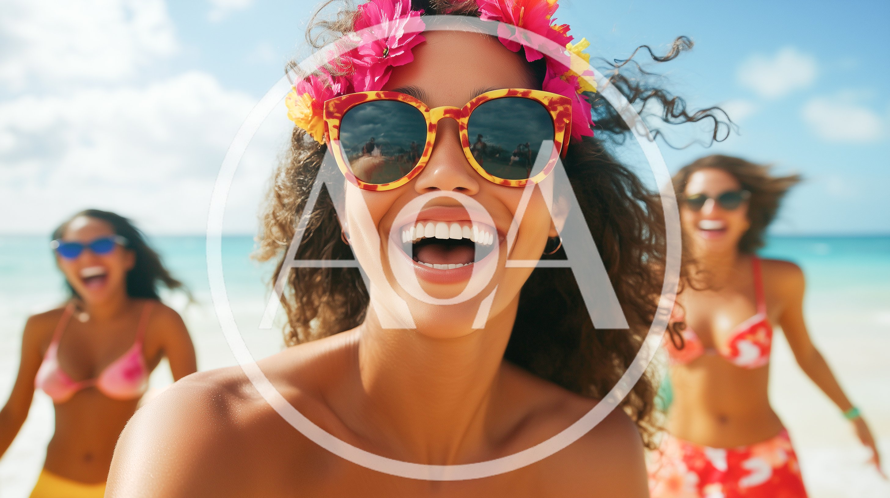 Three Happy Women Having Fun On A Tropical Beach