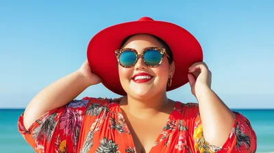 Smiling Woman Wearing Red Hat And Sunglasses At Beach