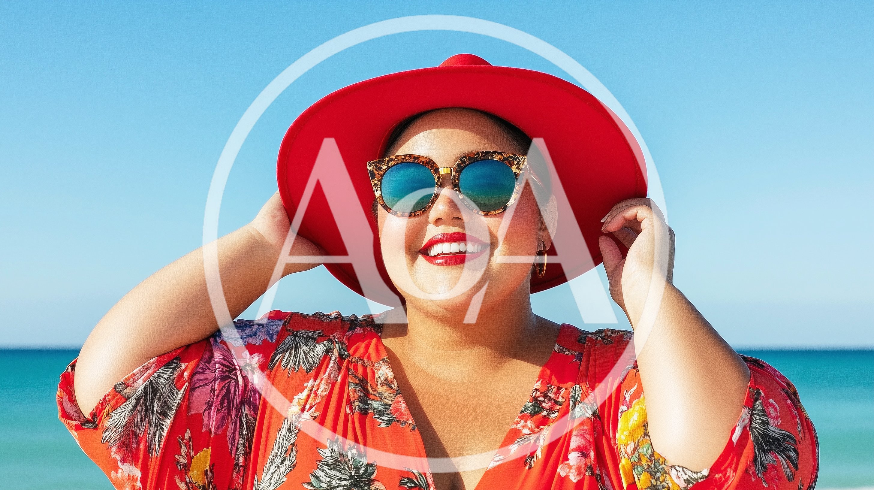 Smiling Woman Wearing Red Hat And Sunglasses At Beach