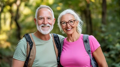 Happy Senior Couple Hiking Together In The Forest