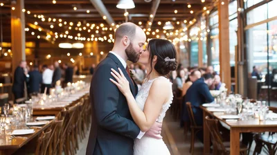 Newlywed Couple Kissing at Wedding Reception