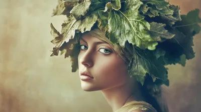 Portrait Of A Young Woman Wearing An Oak Leaf Crown