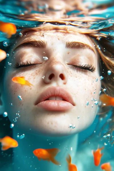 Young Woman With Freckles Swimming Underwater With Goldfish