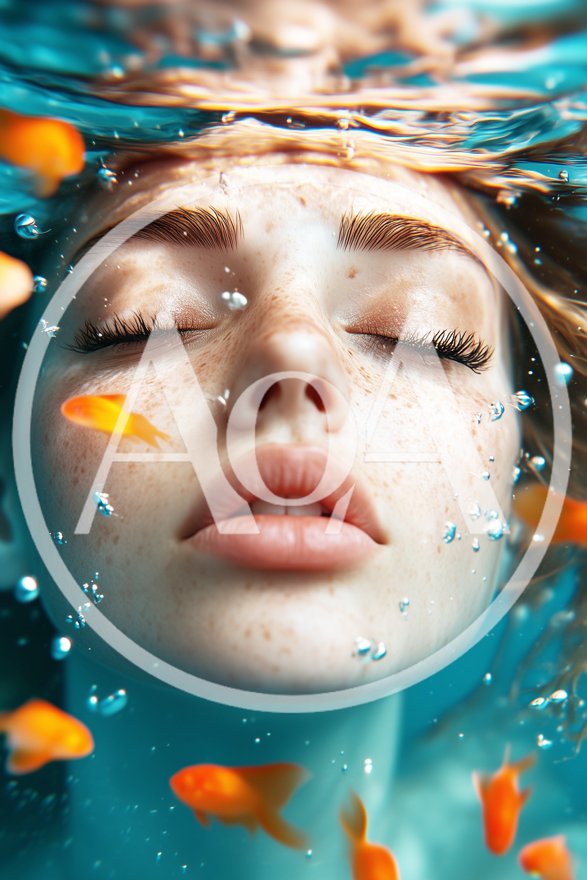 Young Woman With Freckles Swimming Underwater With Goldfish
