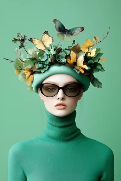 Fashion Portrait Of Woman With Floral Butterfly Headpiece