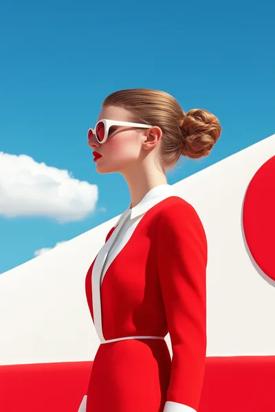 Fashionable Woman in Red Suit and Sunglasses