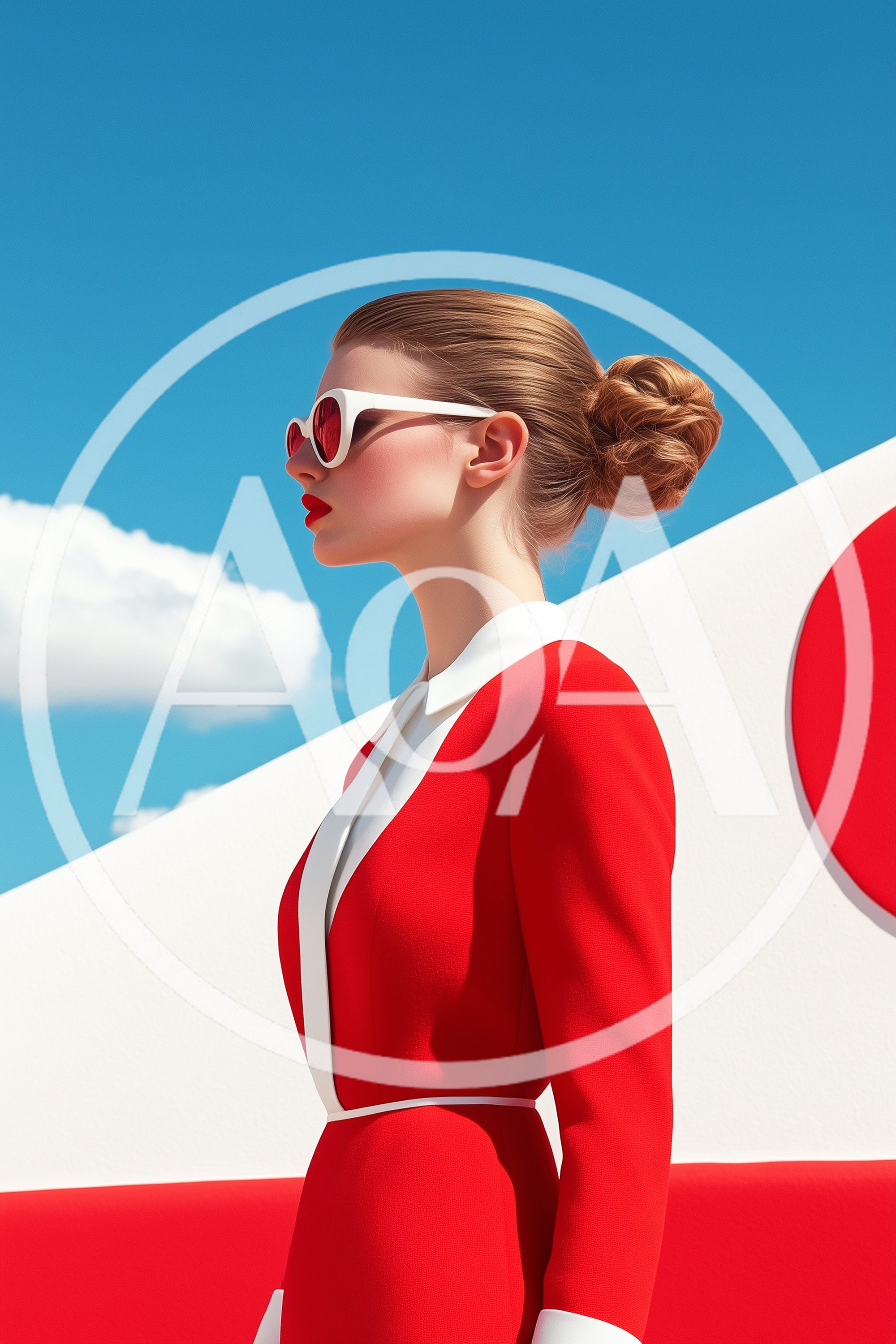 Fashionable Woman in Red Suit and Sunglasses