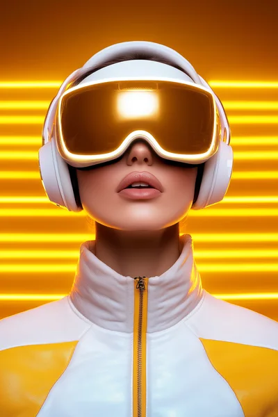 Futuristic Woman Wearing VR Headset And Headphones