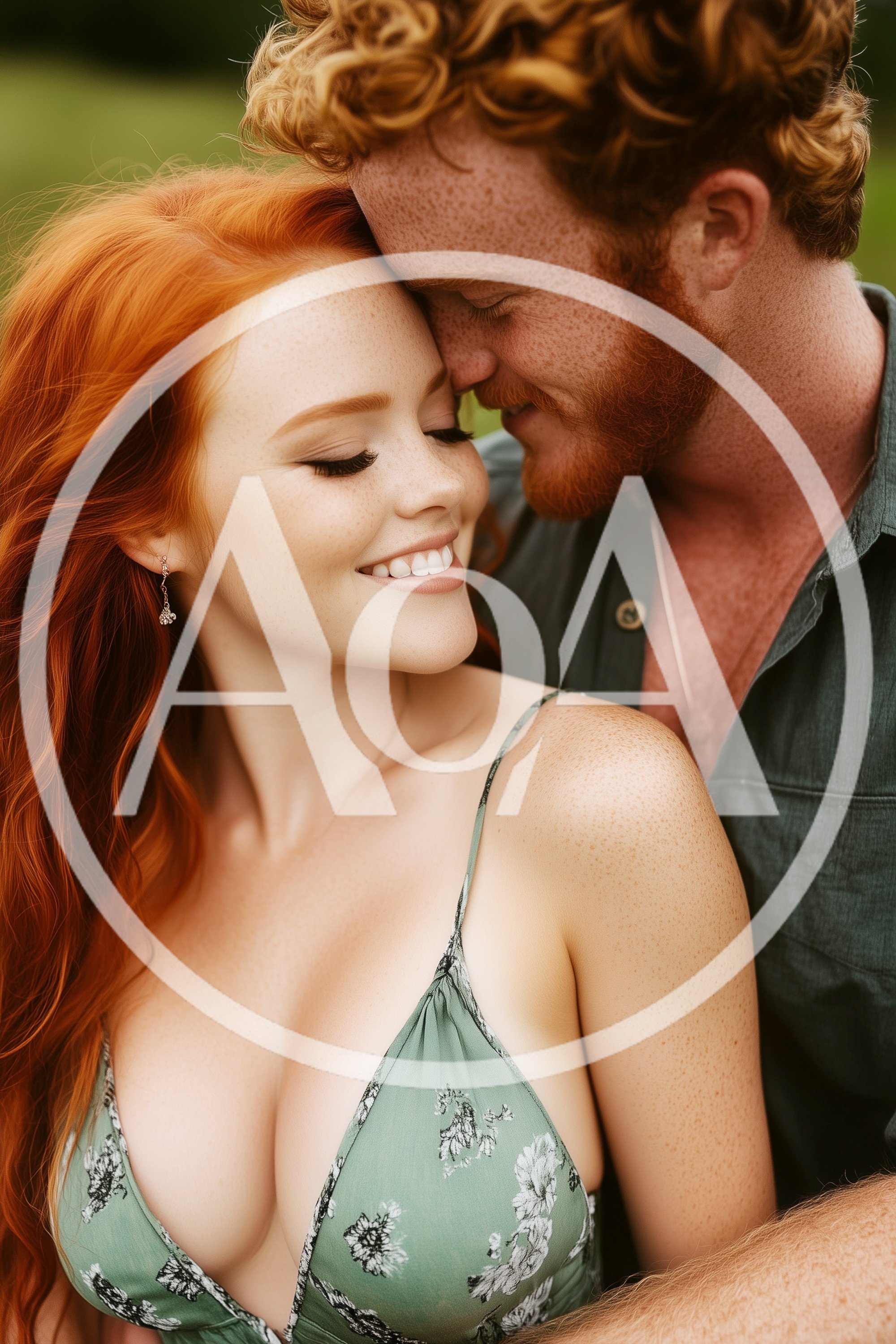 Romantic Couple With Red Hair Embracing Outdoors