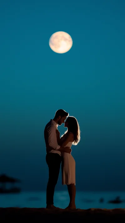 Romantic Couple Embracing Under A Full Moon