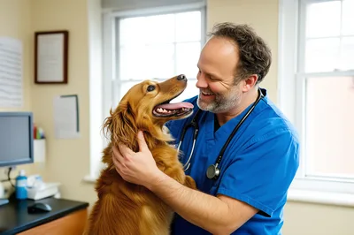 Veterinarian Examining A Golden Retriever In Clinic