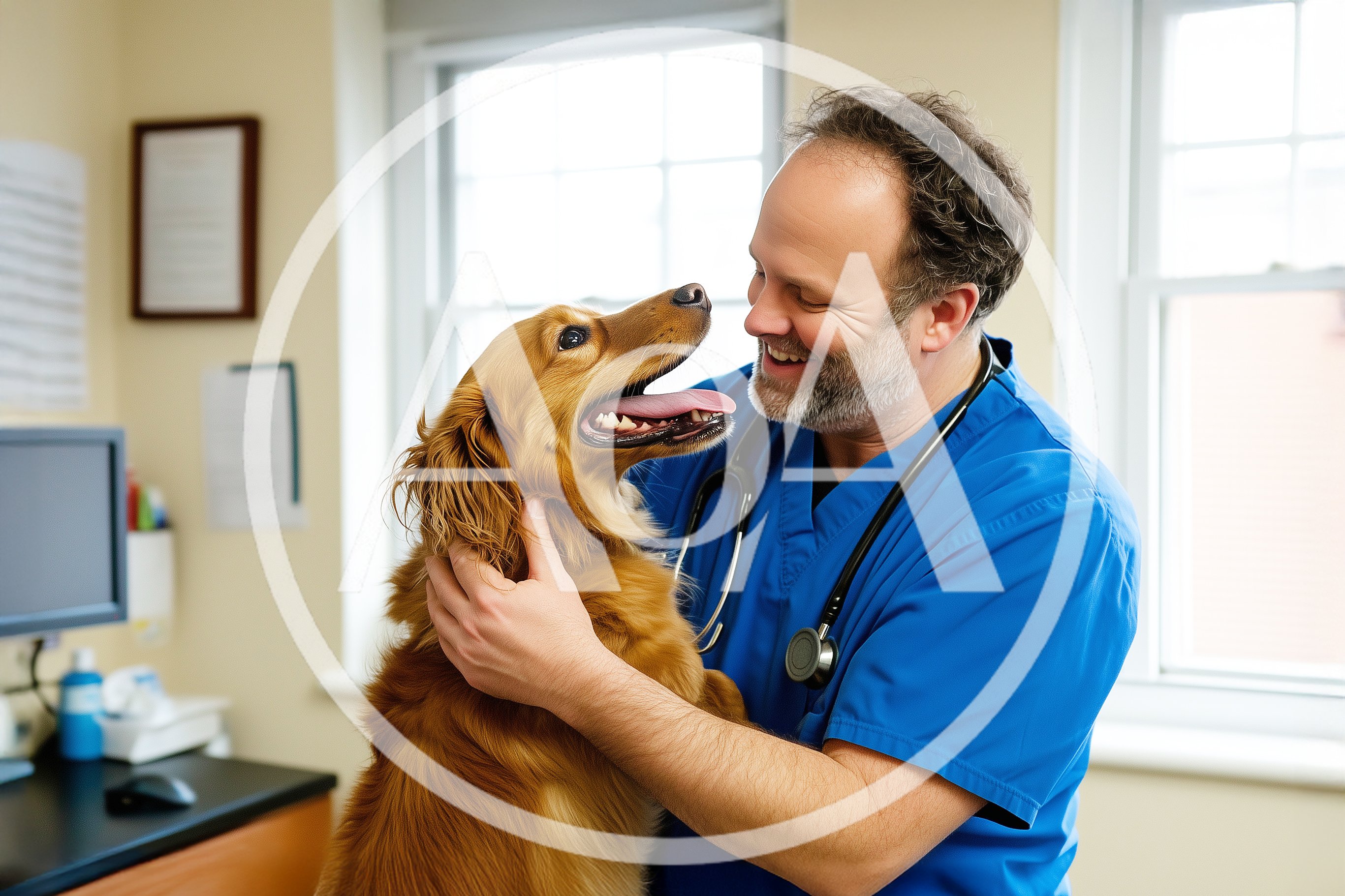 Veterinarian Examining A Golden Retriever In Clinic