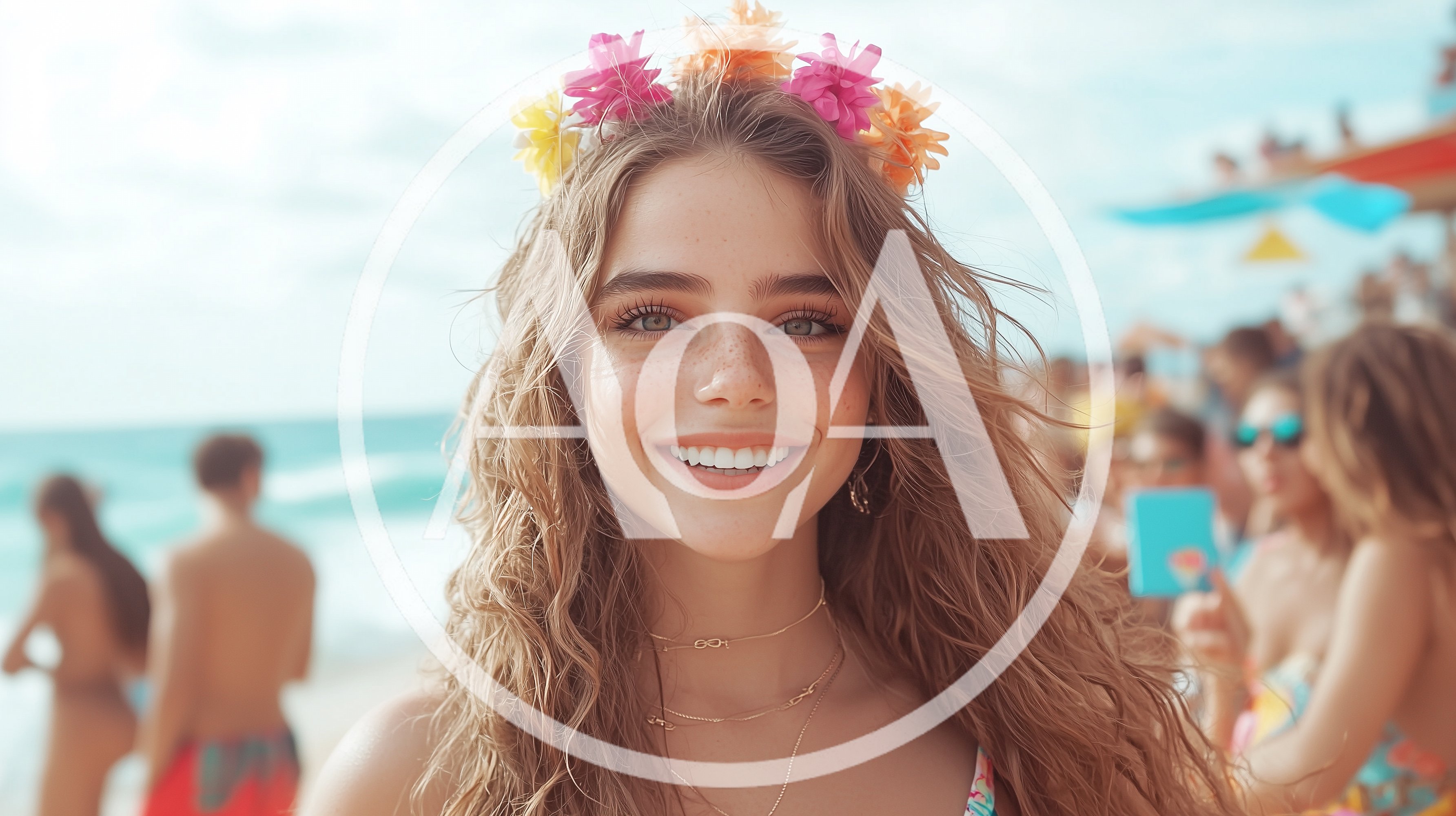 Young Woman With Flower Crown Smiling On Beach