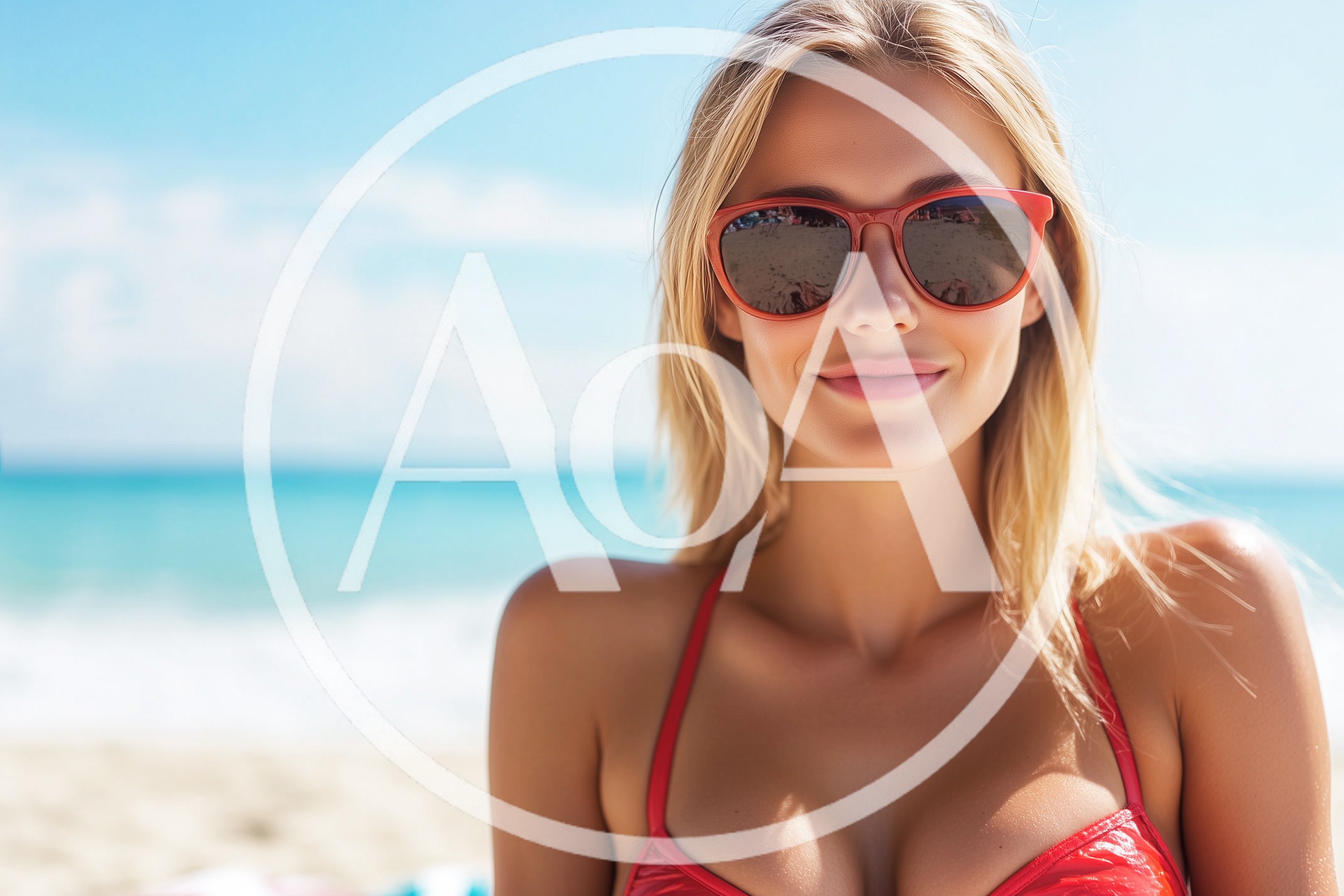 Blonde Woman Wearing Red Sunglasses On A Sunny Beach