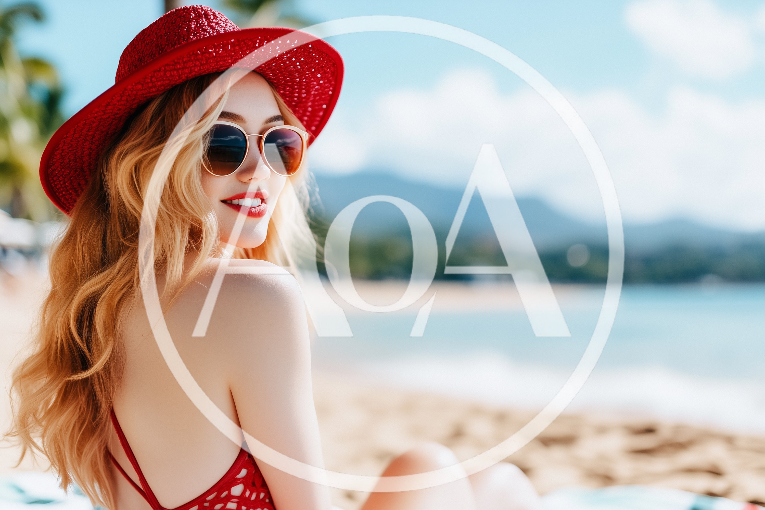 Beautiful Woman Wearing Red Hat And Sunglasses On Beach