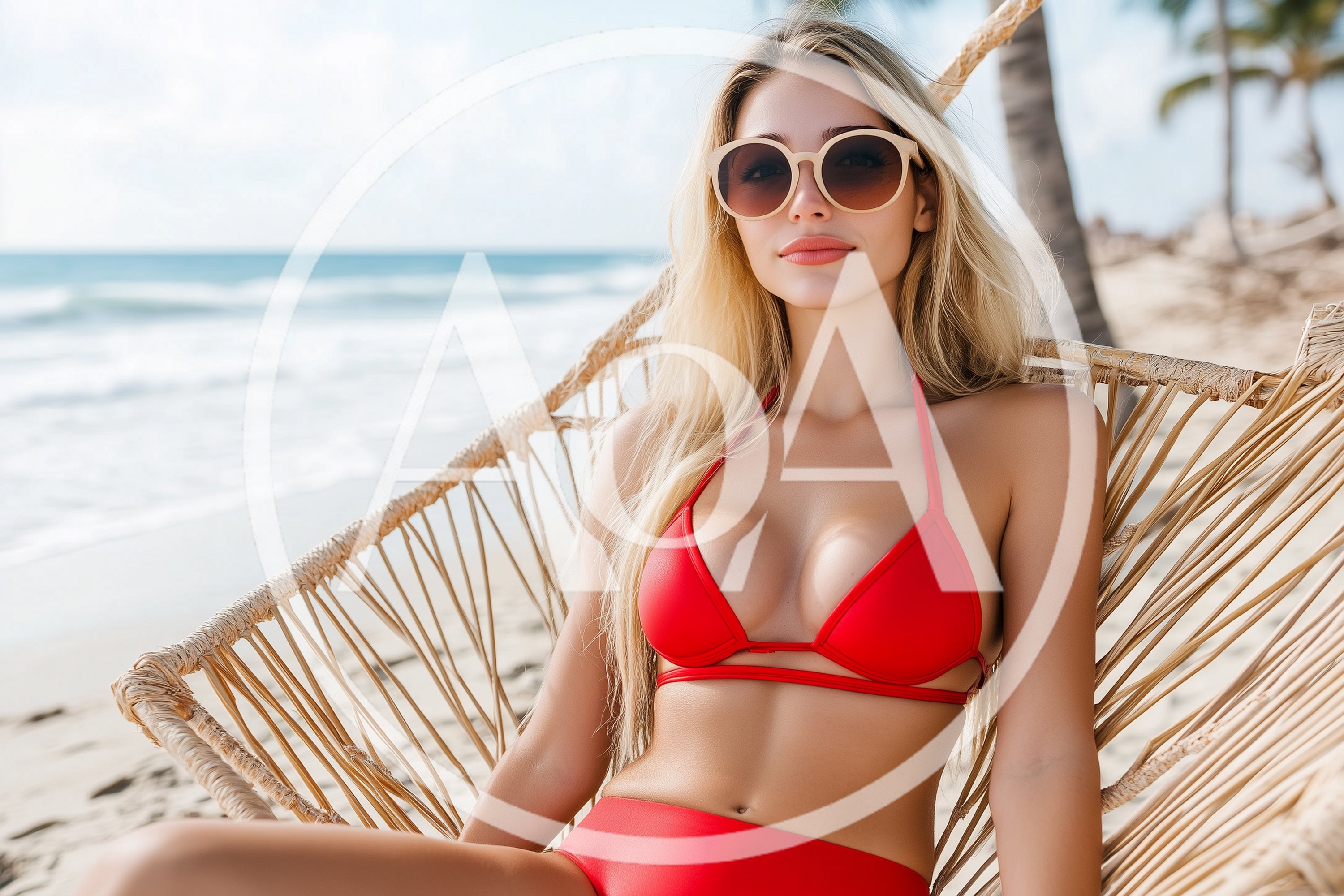 Blonde Woman Relaxing In Wicker Chair On Beach