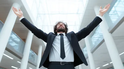 Successful Businessman Celebrating With Arms Raised In Office