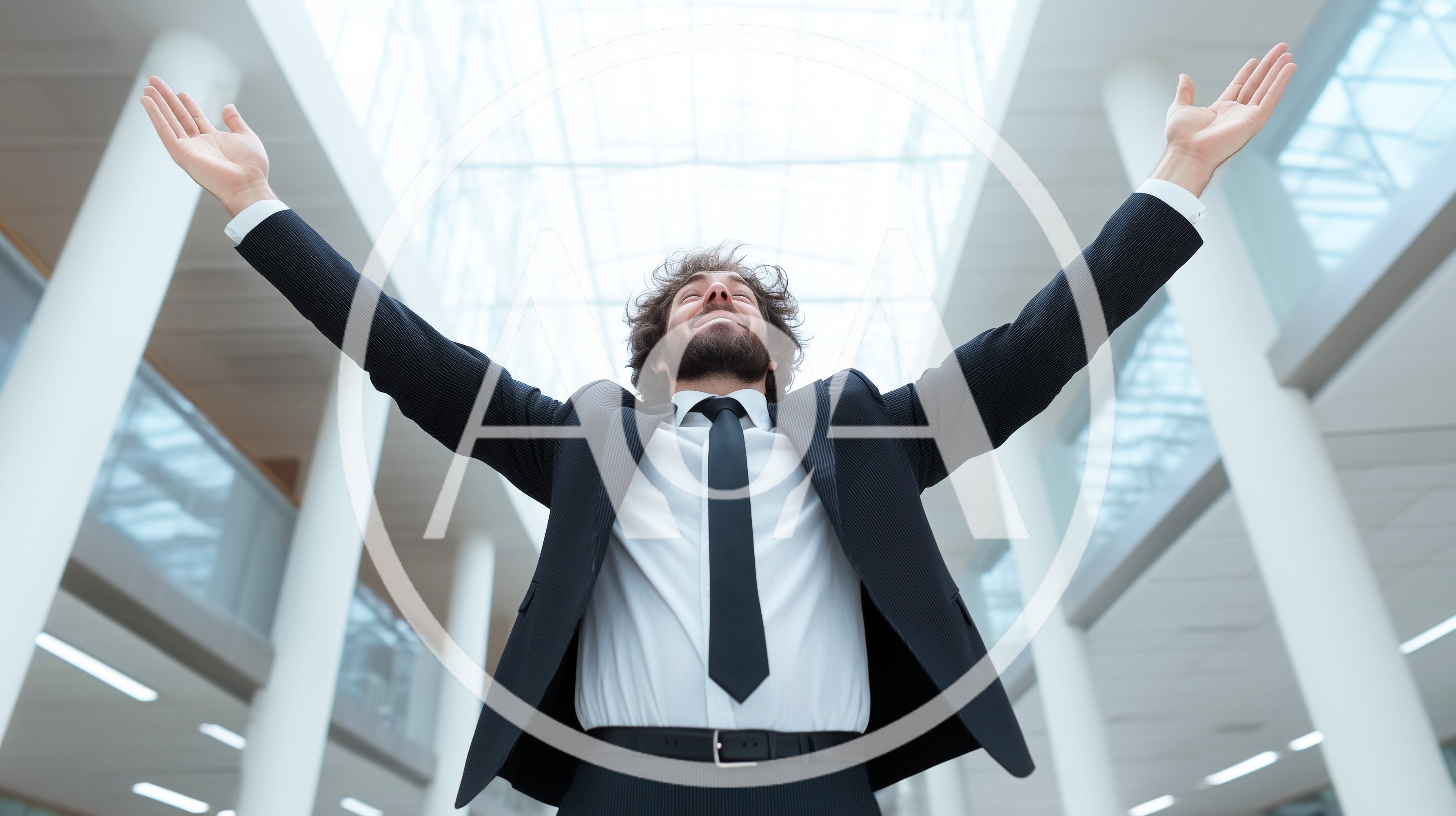Successful Businessman Celebrating With Arms Raised In Office
