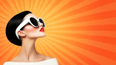 Stylish Woman Wearing White Sunglasses Against Orange Sunburst Background