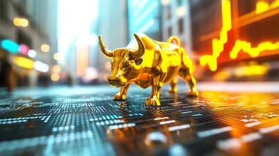 Golden Bull Statue On Digital Financial Data Surface
