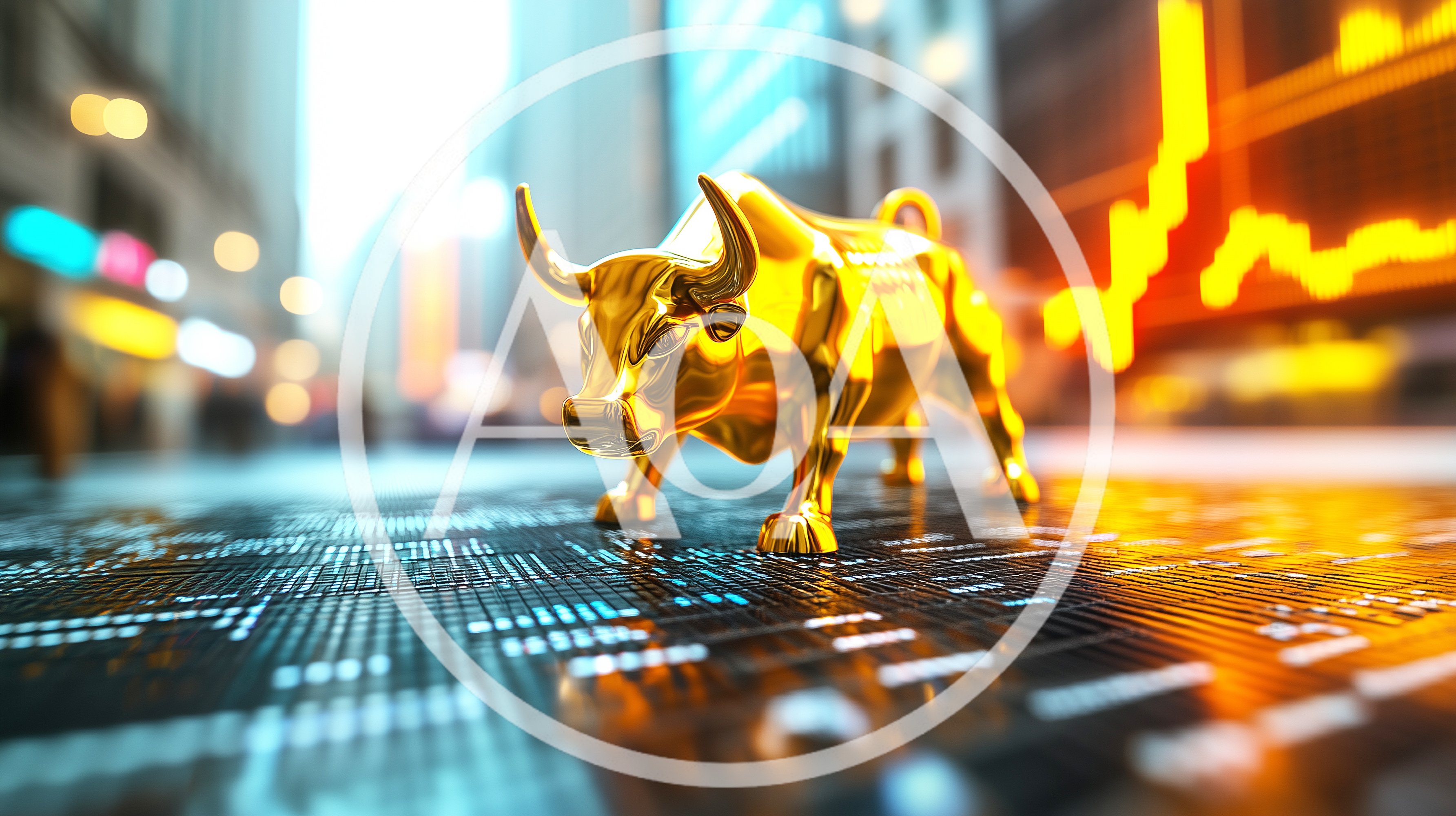 Golden Bull Statue On Digital Financial Data Surface