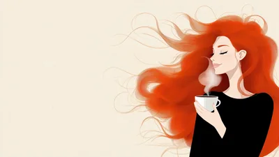 Illustration Of A Woman With Red Hair Drinking Coffee