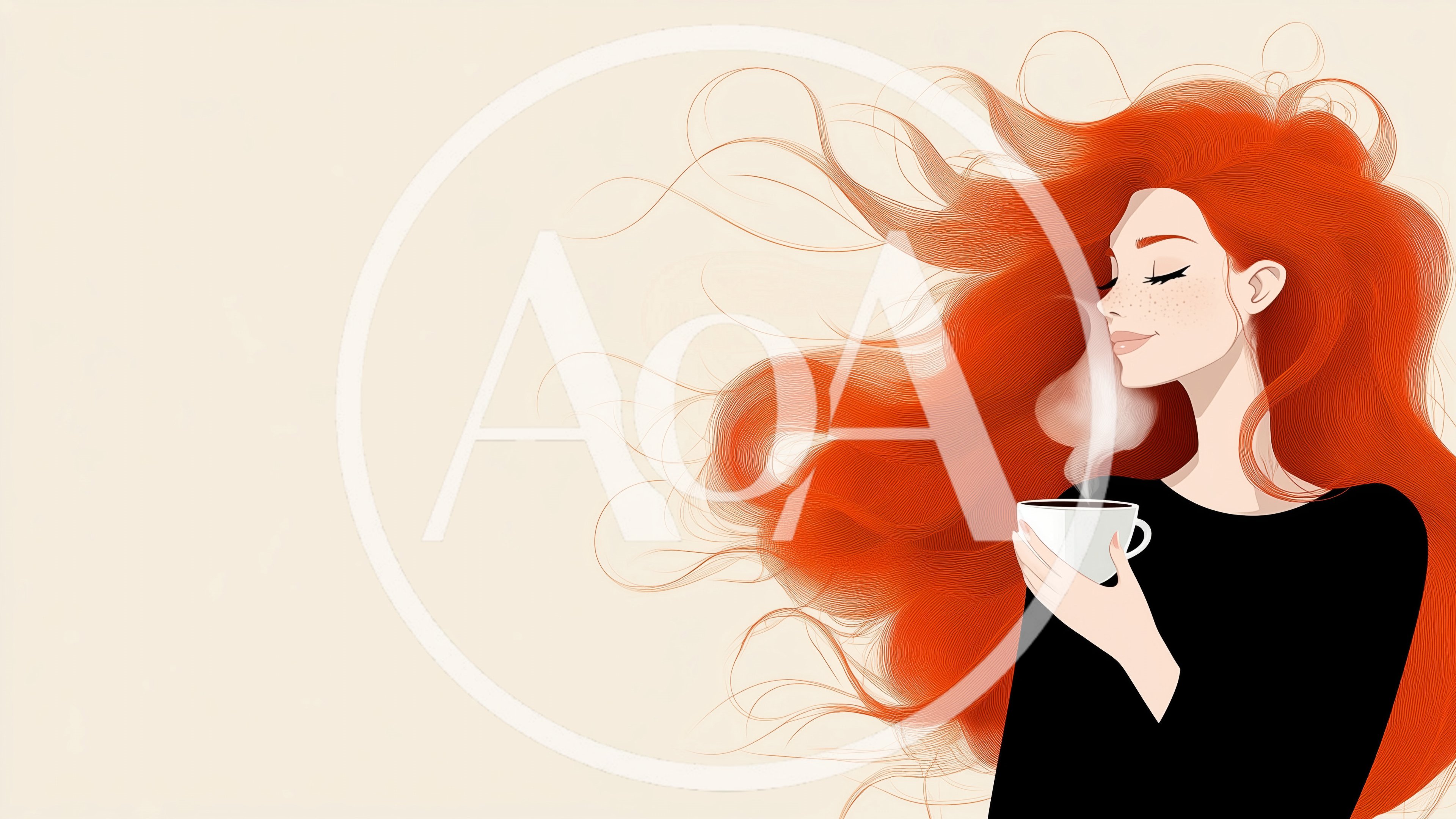 Illustration Of A Woman With Red Hair Drinking Coffee