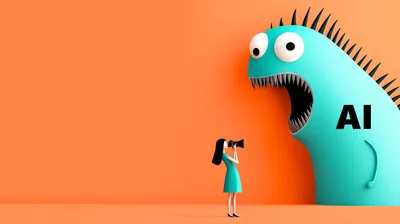 Woman Photographing A Large Turquoise AI Monster