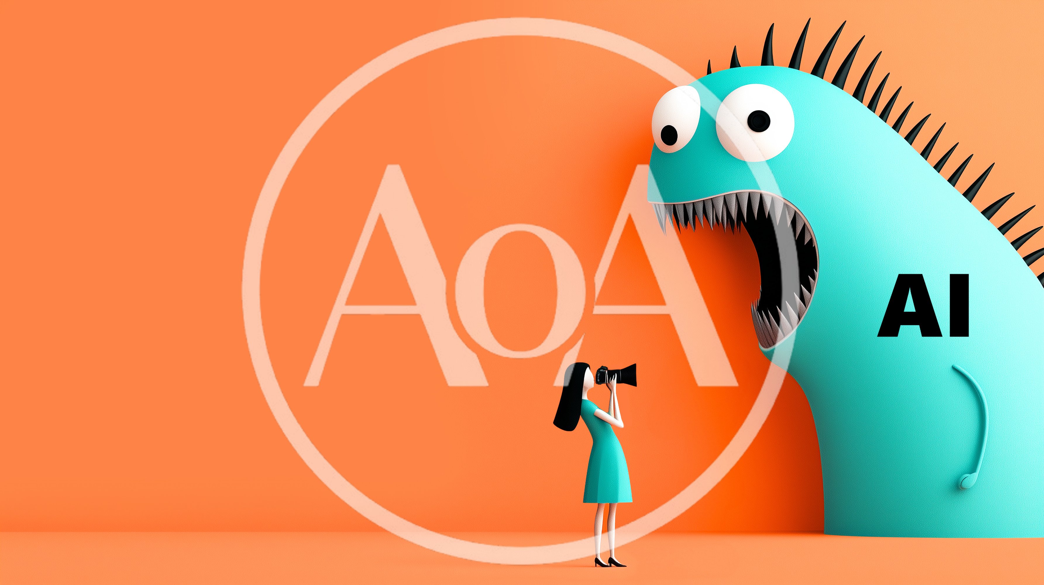 Woman Photographing A Large Turquoise AI Monster