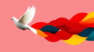 White Dove Flying With Abstract Colorful Flowing Ribbons
