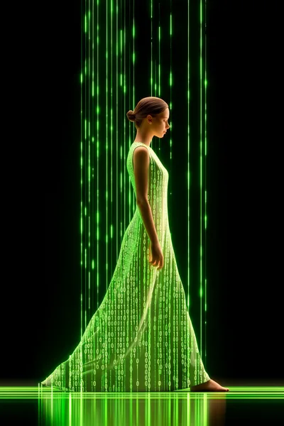 Digital Woman Walking Through Matrix Style Binary Code