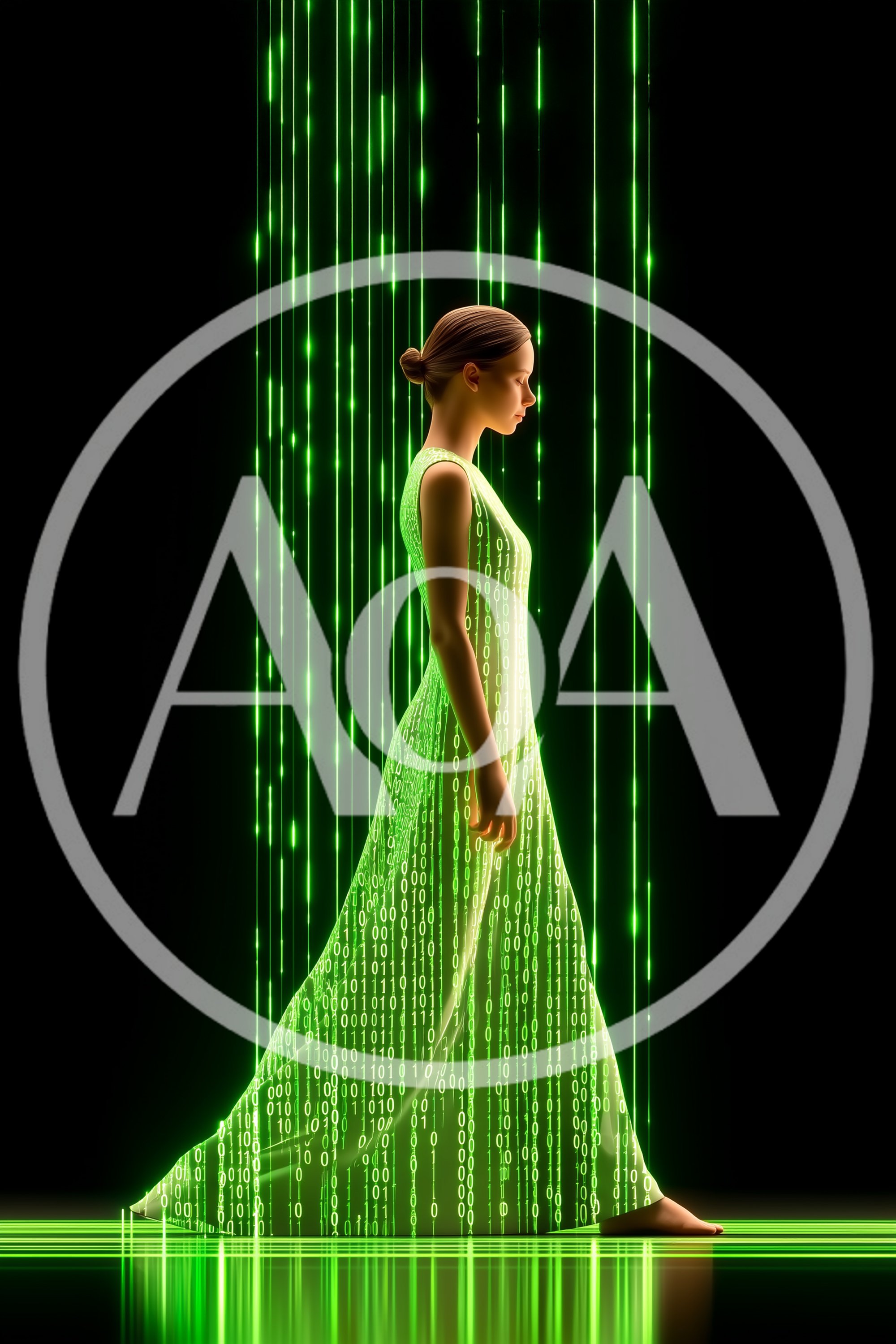Digital Woman Walking Through Matrix Style Binary Code