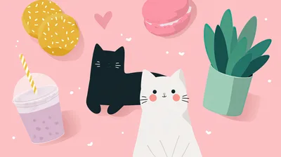 Cute Cartoon Cats With Snacks And Plant